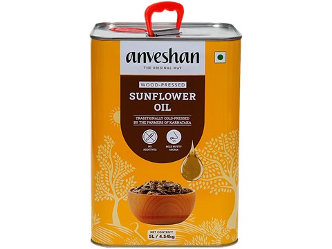 Anveshan Wood Cold Pressed Sunflower Cooking Oil - Heart-Healthy Good Fats, 5 L