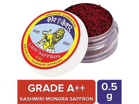 Lion Saffron Kashmiri Mongra Kesar Grade A++ - Used For Cooking, Glowing Skin, Safe For Pregnant Women, 0.5 g