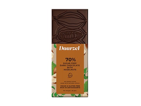 Daarzel Zero Sugar 70% Cocoa Dark Chocolate With Hazelnuts - Sugar-free, Vegan, Gluten-free, 50 g