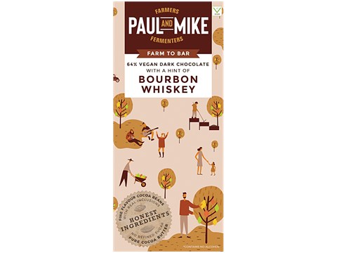 Paul And Mike Bourbon Whiskey Chocolate - 64% Vegan Dark, No Refined Sugar, Natural, 68 g