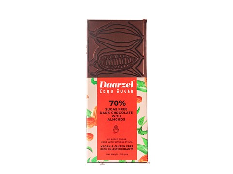 Daarzel Zero Sugar 70% Cocoa Dark Chocolate With Almonds - Sugar-free, Vegan, Gluten-free, 50 g