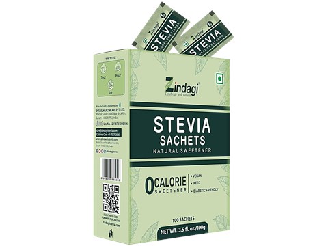 Zindagi Stevia Sweetener Sachets - Pure White Powder, Sugar Free, 100 pcs