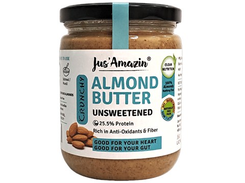 Jus Amazin Almond Butter - Crunchy, Unsweetened - 25.5% Protein, Almonds, No Additives, 500 g