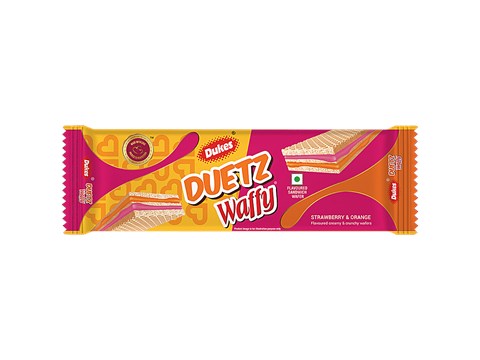 Dukes  Duetz Waffy Strawberry & Orange Flavoured Sandwich Wafer, 100 g