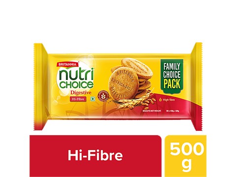 Britannia Nutri Choice Digestive High Fibre Biscuits - Made From Whole Wheat & Bran, Healthy Snack, 500 g