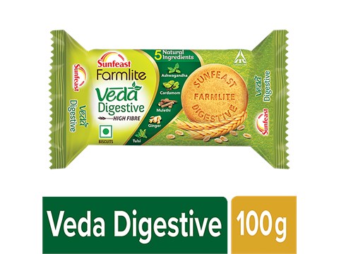 Sunfeast Farmlite Veda Digestive Biscuit - High Fibre, Goodness Of 5 Natural Ingredients & Wheat Fibre, 100 g
