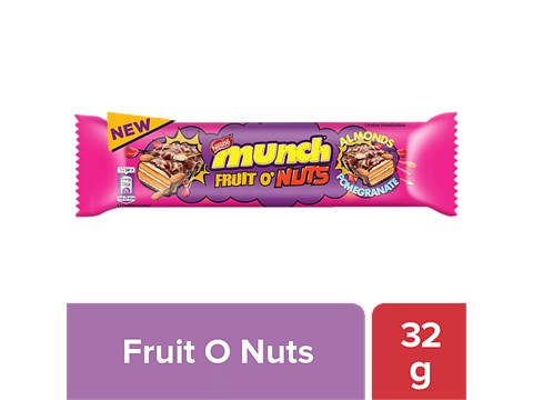 Nestle Munch - Fruit O' Nuts Chocolate Coated Crunchy Wafer Bar, Almond & Pomegranate, 32 g