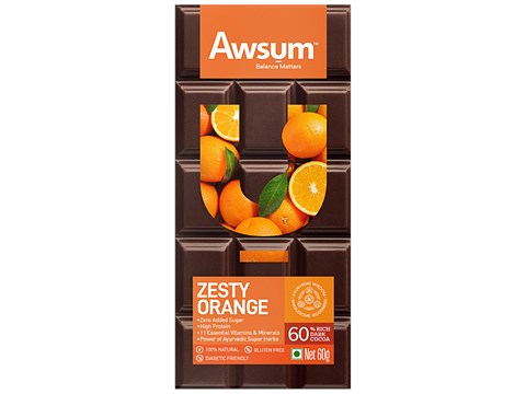 Awsum Zesty Orange Chocolate Bar - Zero Added Sugar, High Protein, 60% Rich Dark Cocoa, Natural, Diabetic Friendly, 60 g