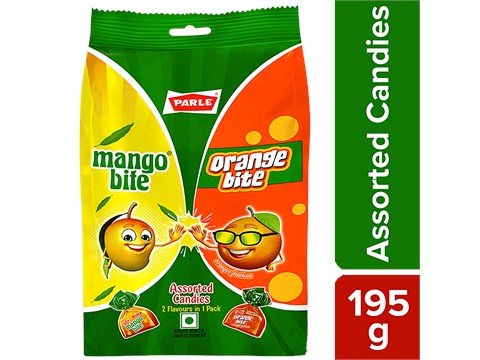 Parle Assorted Candies - Orange & Mango Bite, Sugar Boiled, Sweet, Tangy, 195 g