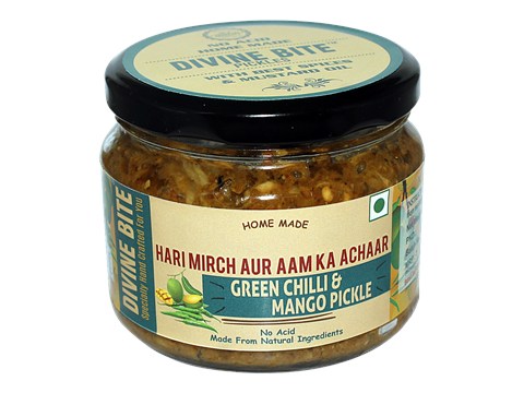 Divine Bite Green Chilli & Mango Pickle/Hari Mirch Aur Aam Ka Achaar - Home Made, 300 g