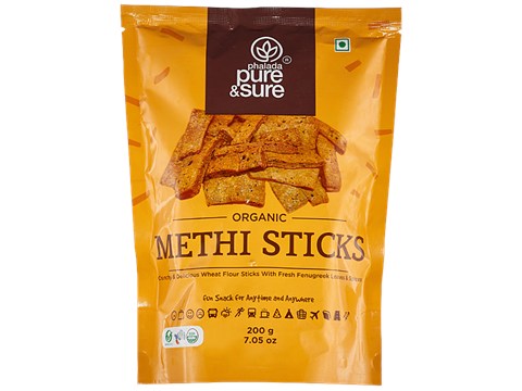 Phalada Pure & Sure Organic Methi Sticks - Made With Wheat Flour, Fenugreek Leaves, Crunchy & Delicious, 200 g