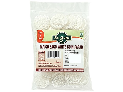 Sri Guru Tapico Sago White Coin Papad - Fry & Eat, 100 g