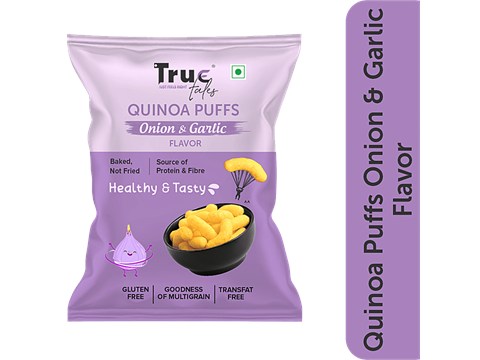 True Tales Quinoa Puffs - Onion & Garlic Flavor, Baked, Crunchy, Gluten Free, 100 g