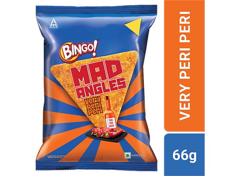Bingo! Mad Angles Very Peri Peri - Spicy & Crunchy Corn Based Triangle Chips Pack For Snacks, 66 g