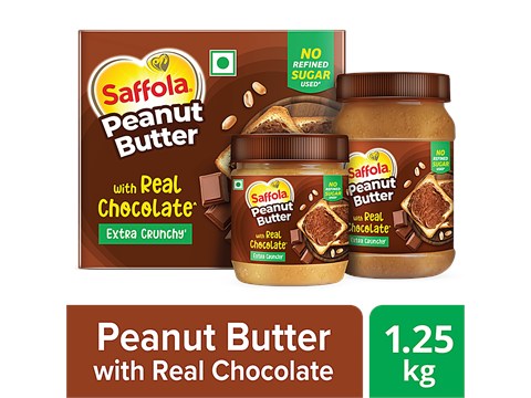 Saffola Peanut Butter With Real Chocolate - Extra Crunchy, No Refined Sugar, 1.25 kg