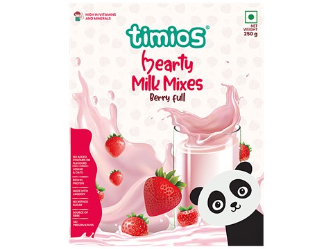 Timios High Protein Berry Full Hearty Milk Mix - No Sugar, With Oats, Organic Jowar, Strawberry Powder, 250 g