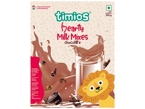 Timios High Protein Chocolate Hearty Milk Mix - No Sugar, With Oats, Organic Jowar, Cocoa Powder, 250 g